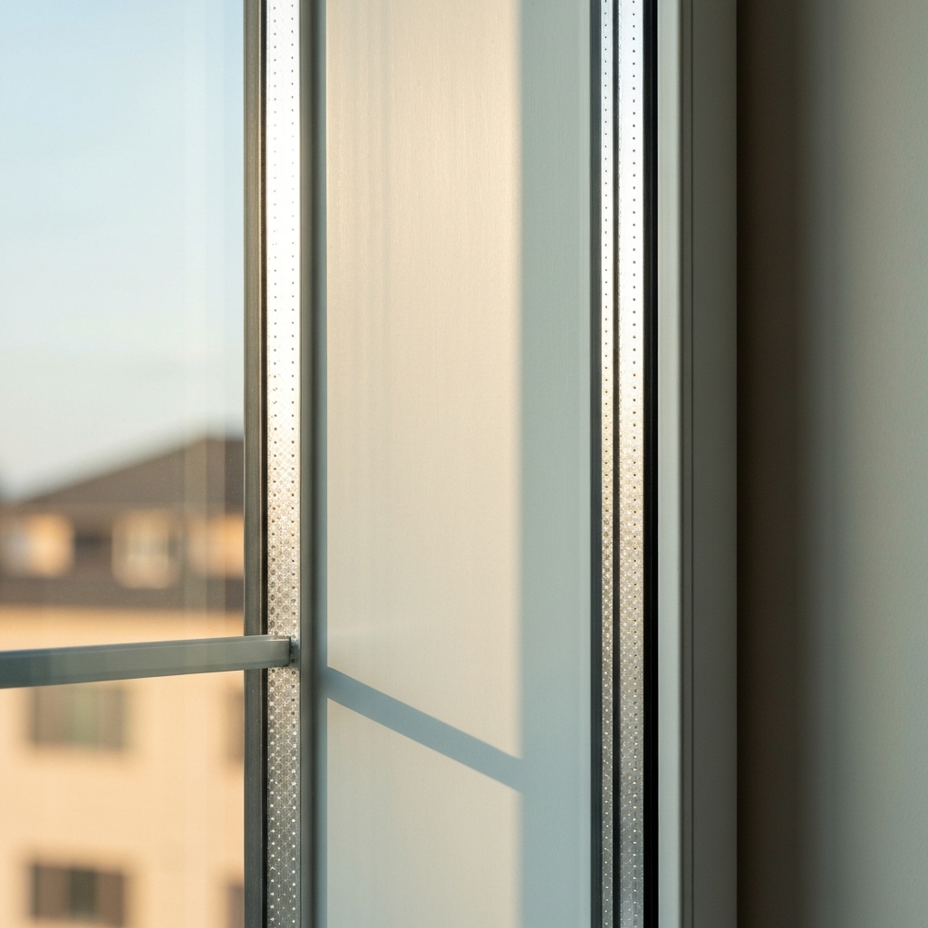 Close up of a modern triple glazed window installation with energy efficiency chart overlay