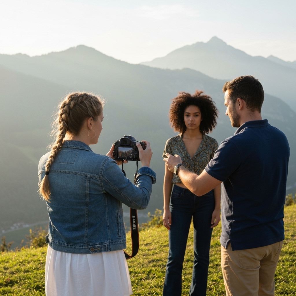 Photographes professionnels préparant un shooting portrait en lumière naturelle à Lavaux avec vue sur les montagnes