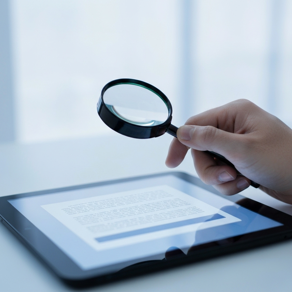 Close up of a hand holding a glowing magnifying glass over a document on a tablet screen