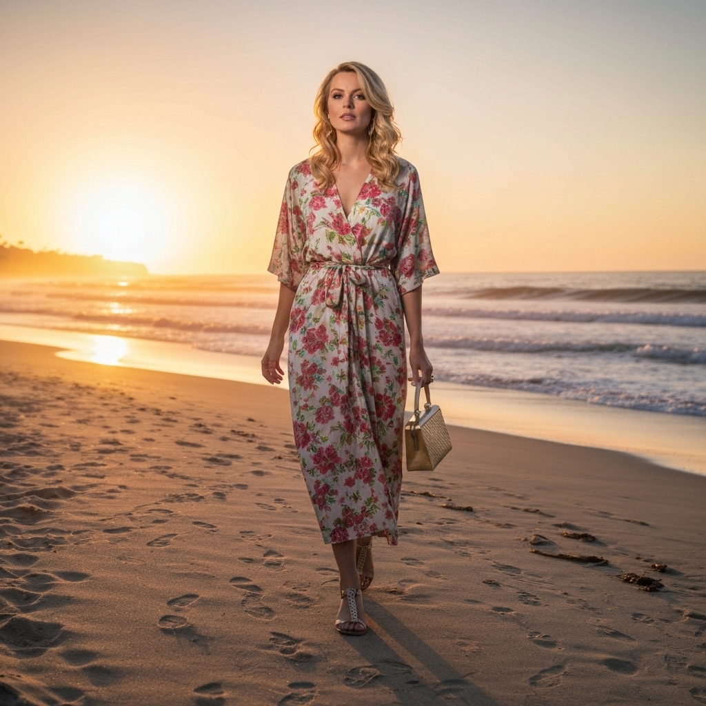High quality photo of a woman walking on a sandy california beach wearing a flowing floral maxi dress during golden hour