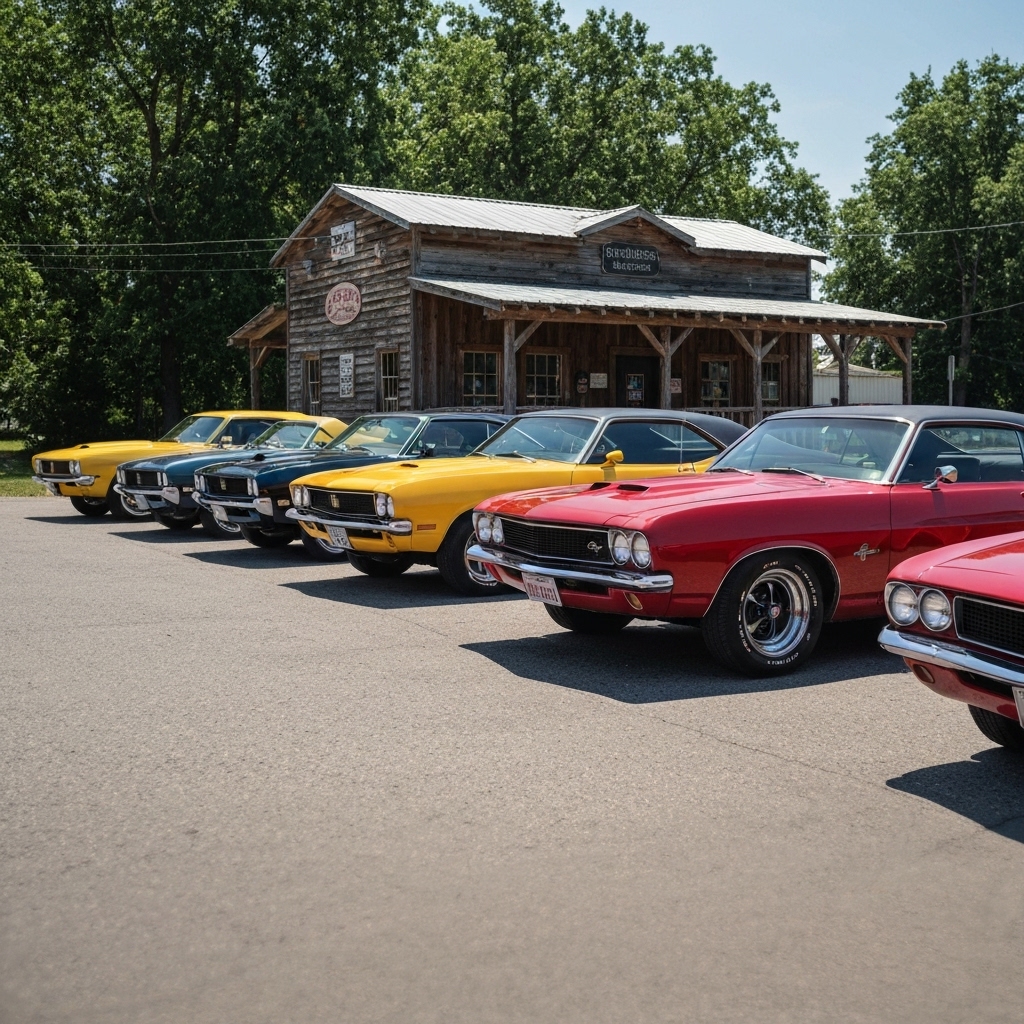 A wide shot of colorful vintage American muscle cars parked in front of a rustic, cowboy-style wooden pub during a sunny day