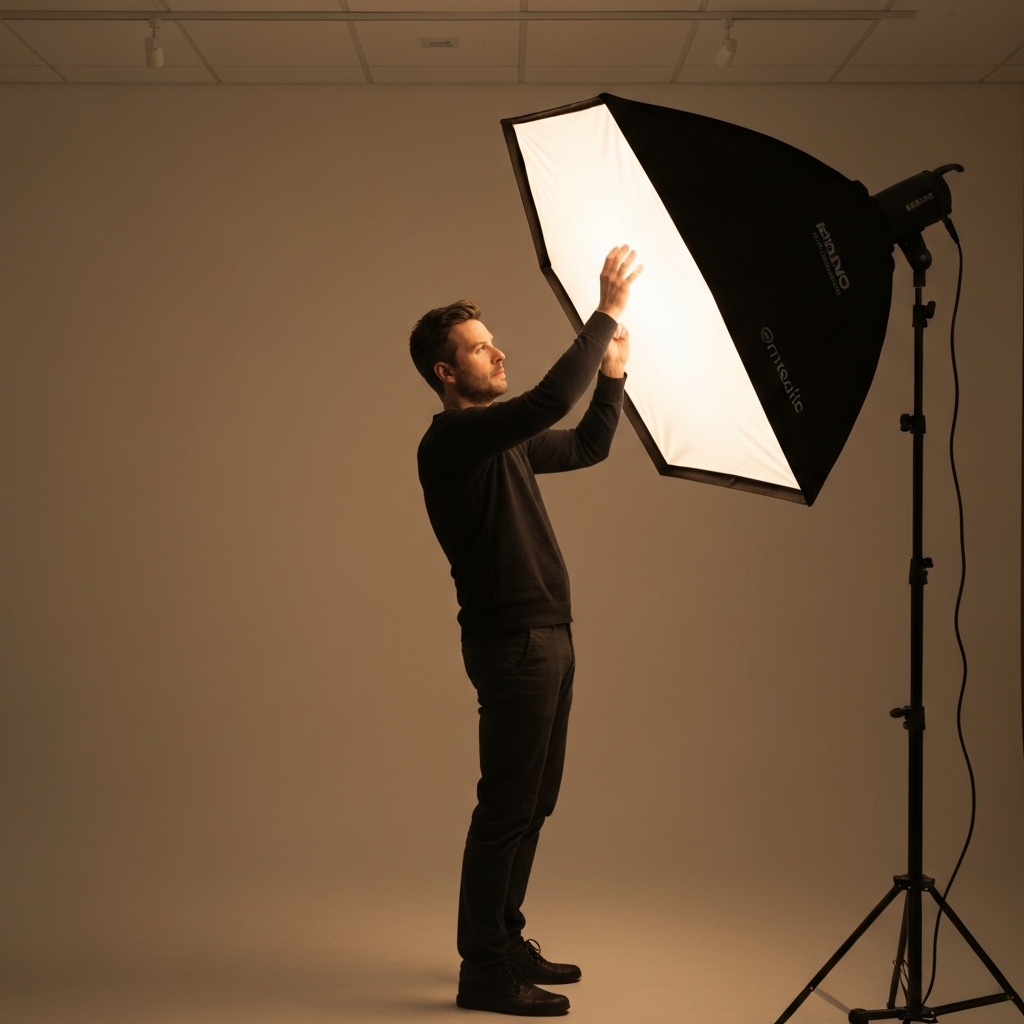 Photographer Petar Mitrovic adjusting lighting for a portrait session in his Lausanne studio