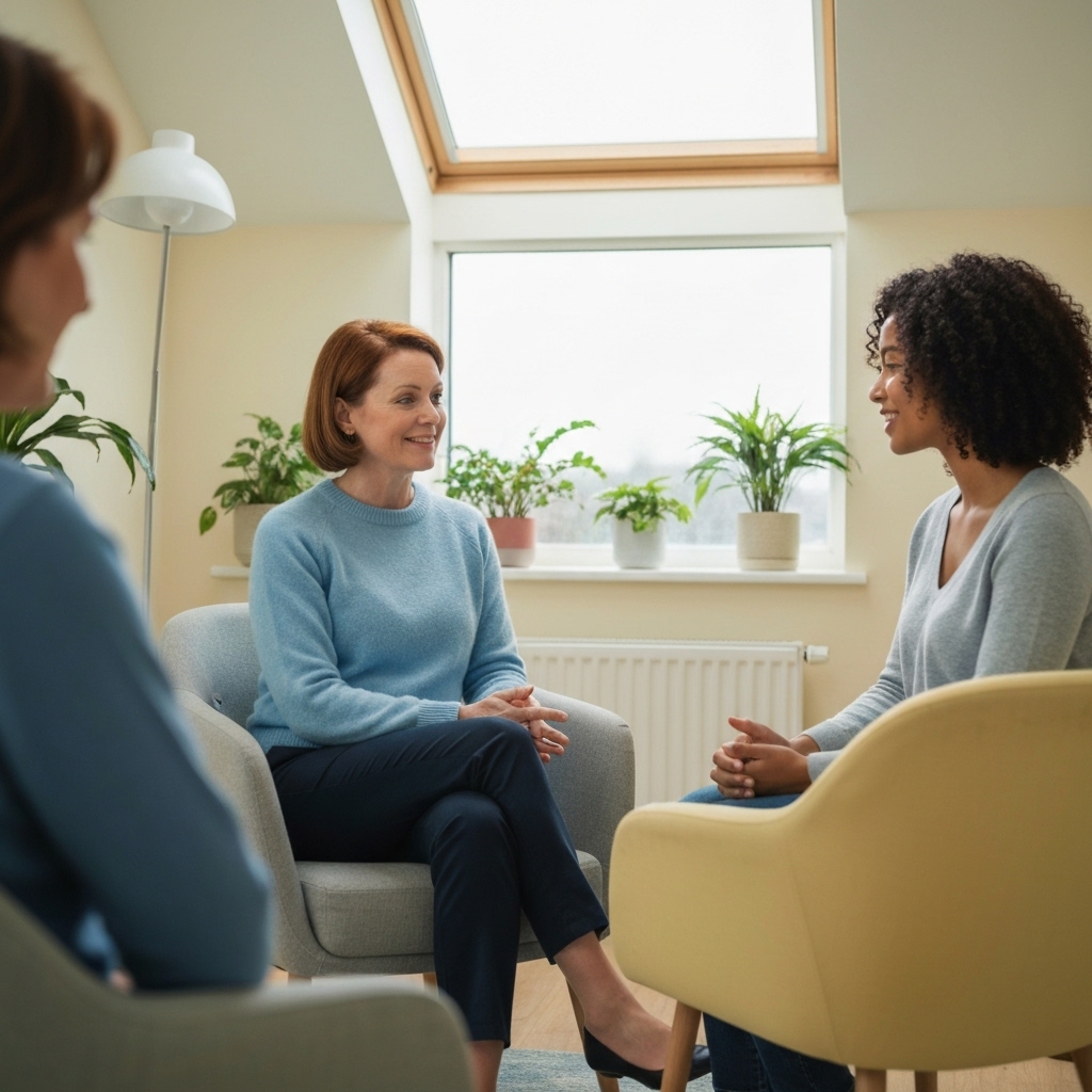 Somatic Experiencing typical session setup showing therapist and patient talking comfortably