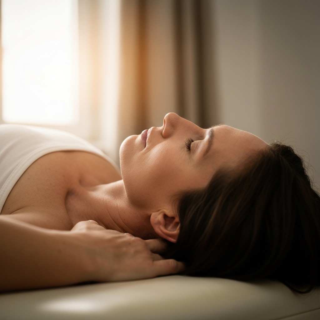 Close up of relaxed woman face receiving gentle cranial osteopathy treatment