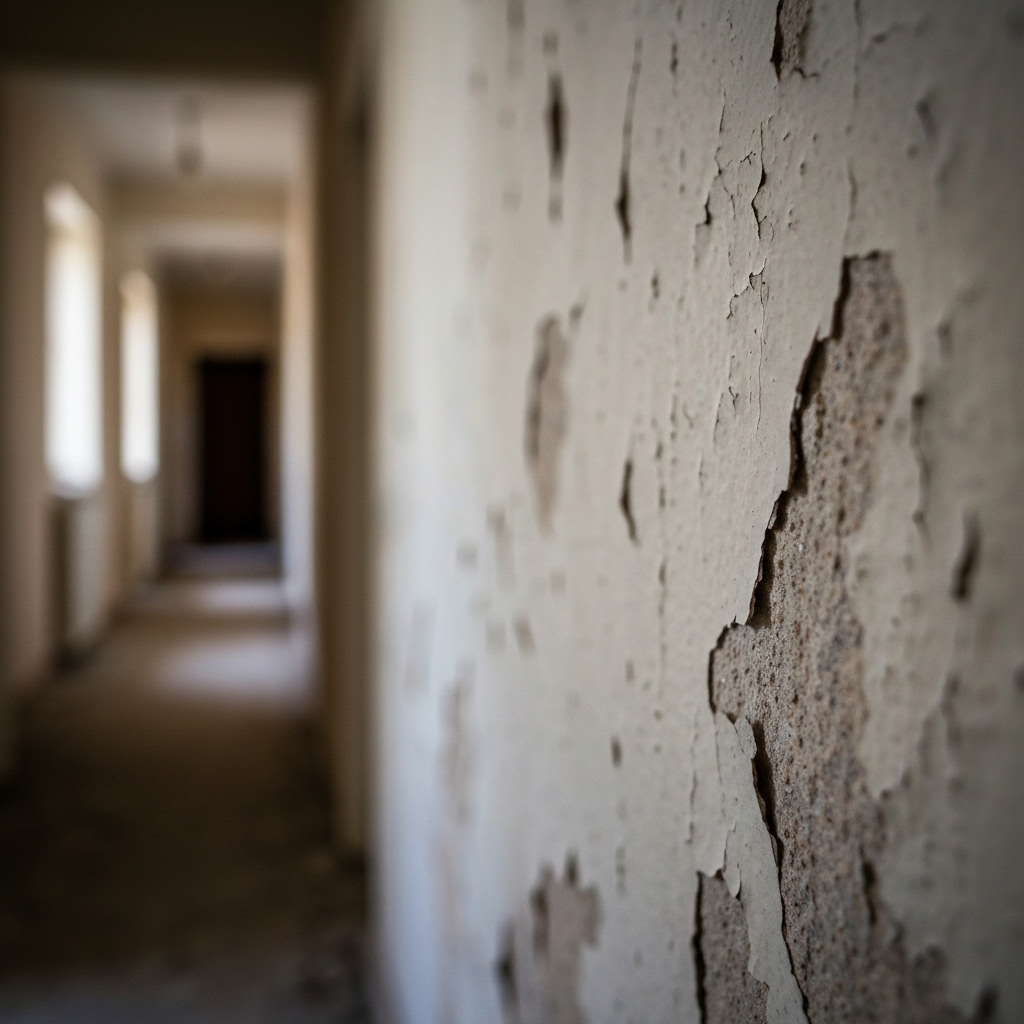 Close-up of a cracked wall texture and old peeling paint in a hallway needing renovation