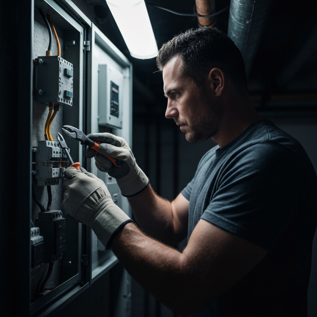 Professional electrician inspecting an old electrical panel in a basement