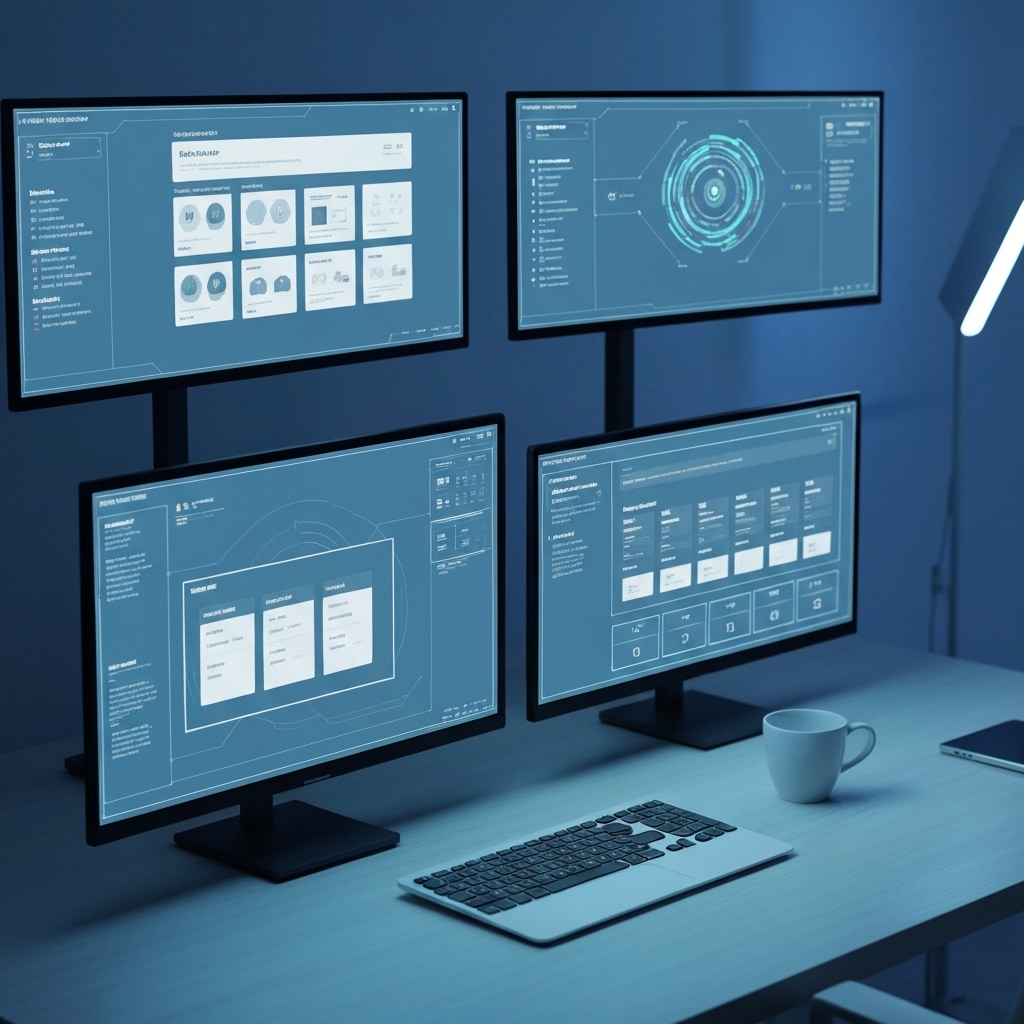 A futuristic digital workspace illustrating automated content distribution across multiple platforms