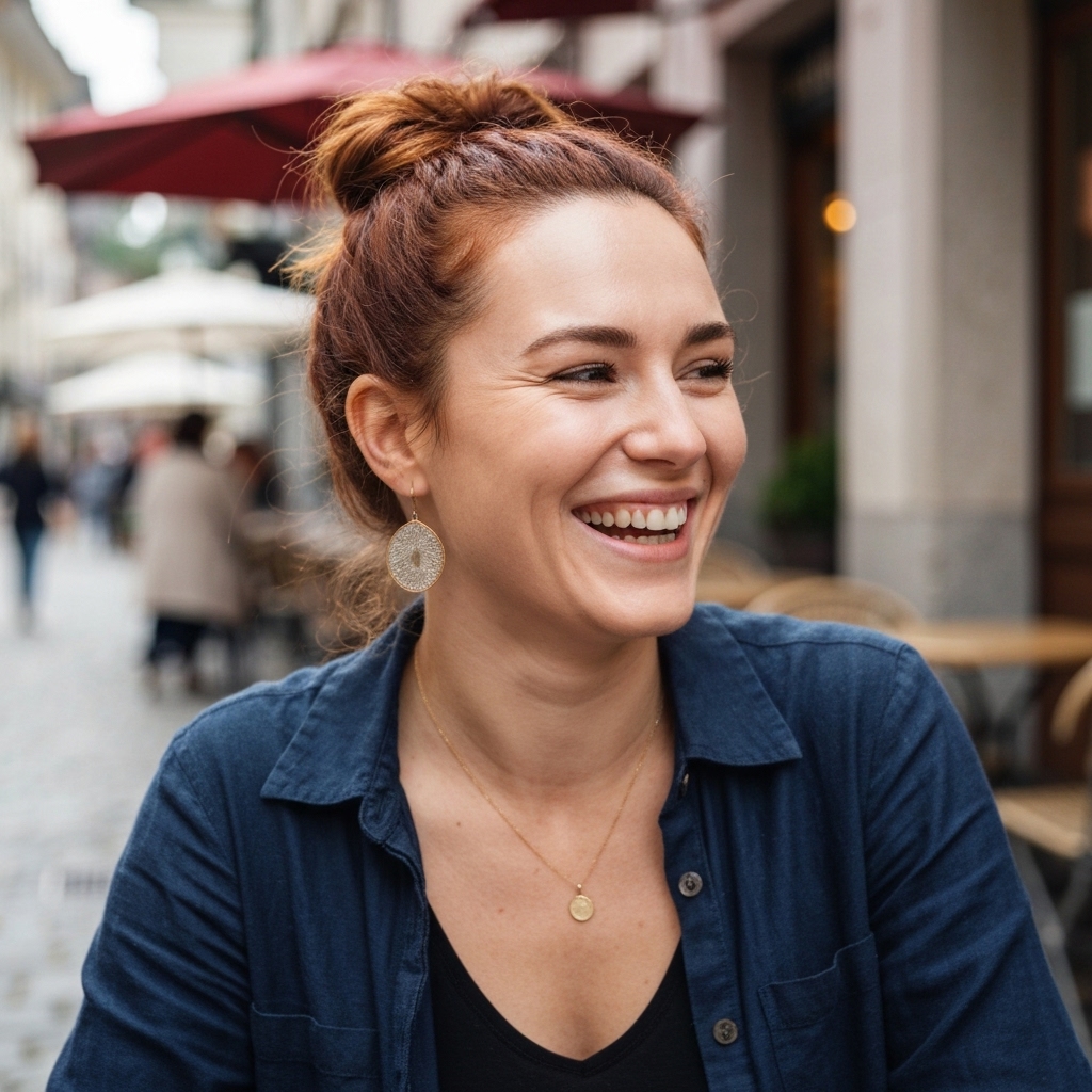 Close up portrait of a woman laughing in a narrow street of Vevey old town