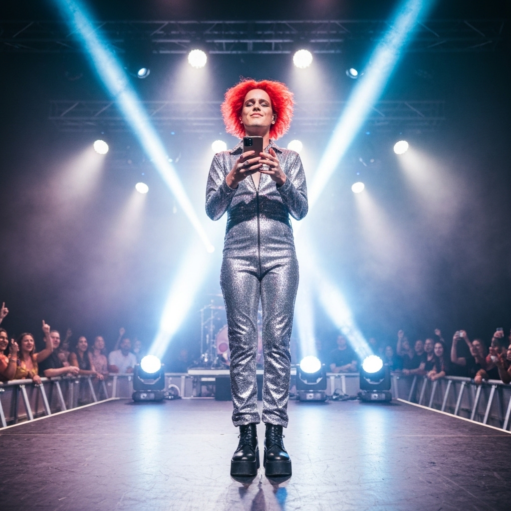 A musician on stage looking at their smartphone with satisfied expression comparing engagement metrics