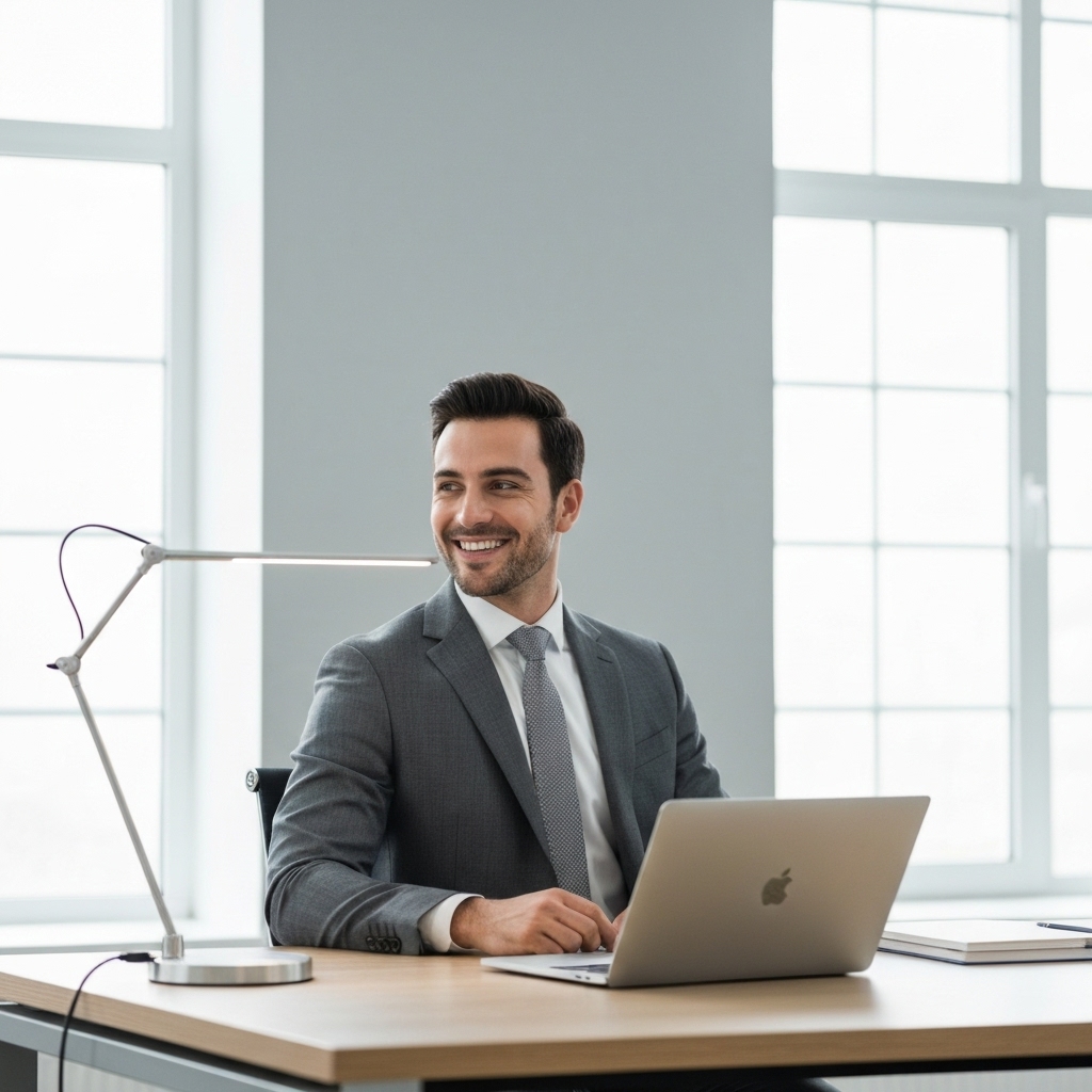 A business owner happily working on a laptop without holding a credit card, symbolizing risk-free website building