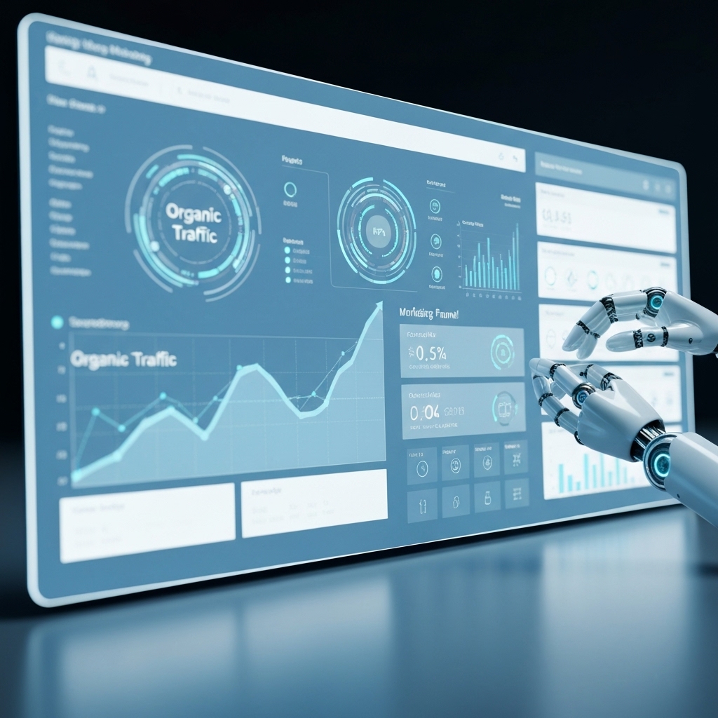 Futuristic digital marketing dashboard showing organic traffic growth curves and automated robot hands managing content