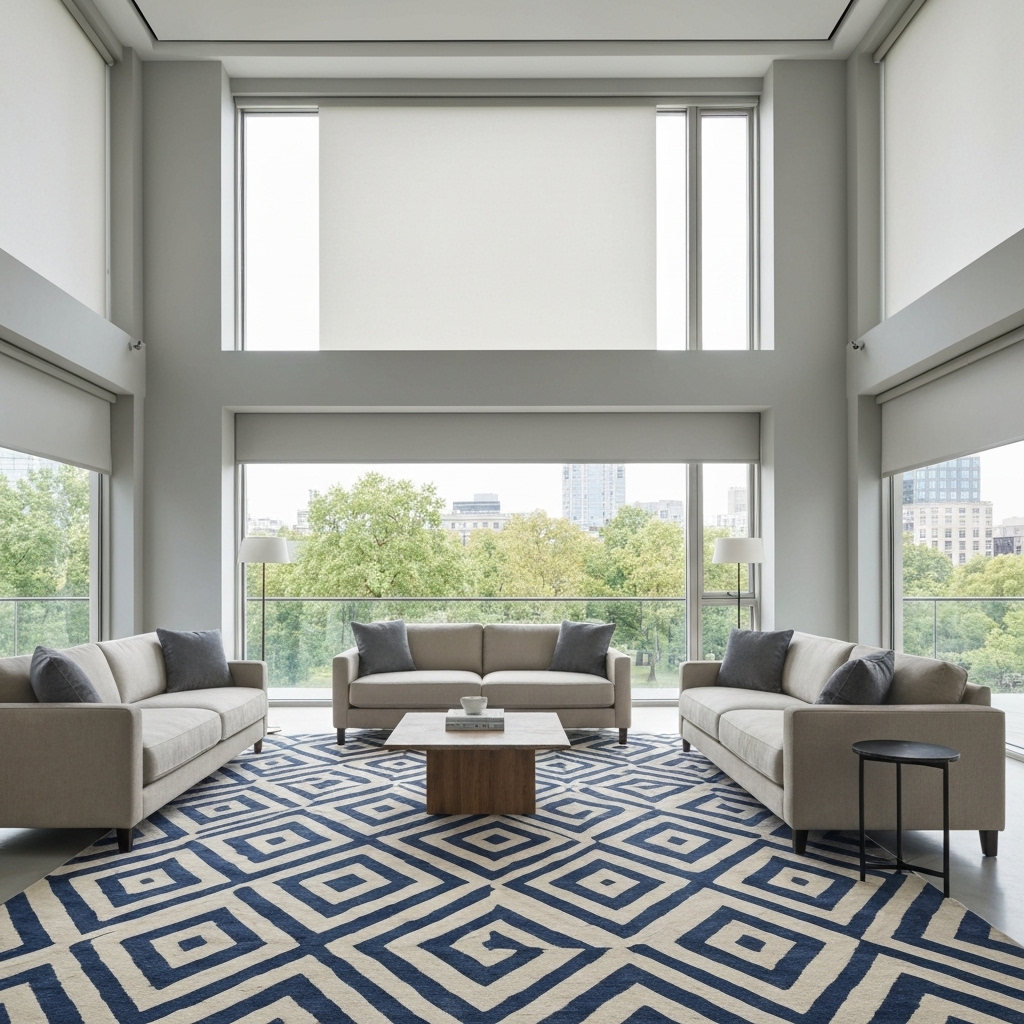 Salon moderne lumineux avec stores enrouleurs motorisés somfy intégrés discrètement