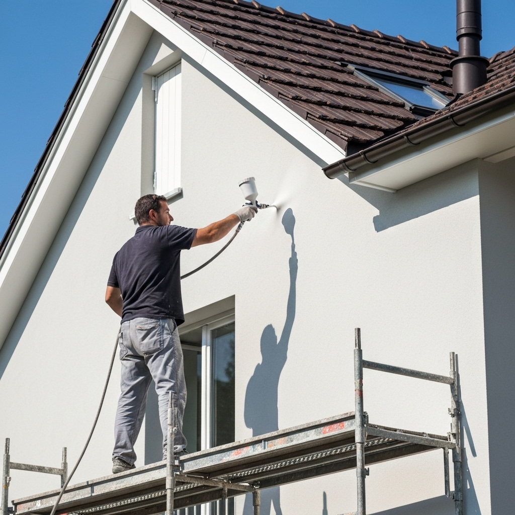 Maison individuelle moderne dans le canton de Vaud avec un peintre professionnel appliquant une peinture extérieure de haute qualité sur un échafaudage sécurisé