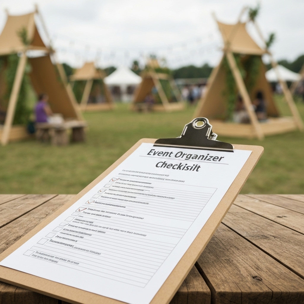 Event organizer checklist clipboard on a wooden table with a blurred background of a sustainable outdoor festival setup.