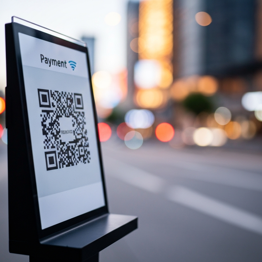 A street musician playing guitar with a digital payment sign and QR code visible in the foreground, vibrant city atmosphere