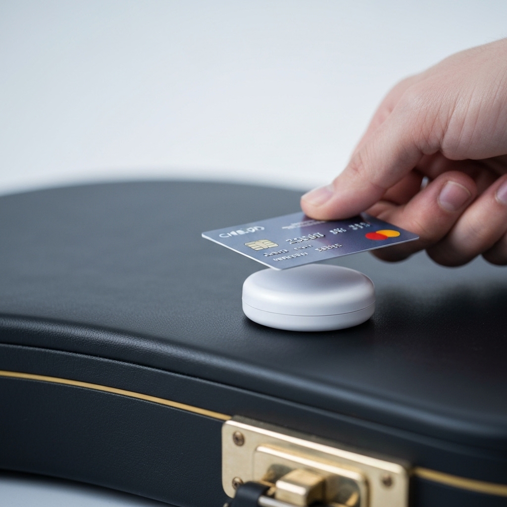 Close up of a hand tapping a credit card against a generic white puck-style NFC reader on a guitar case