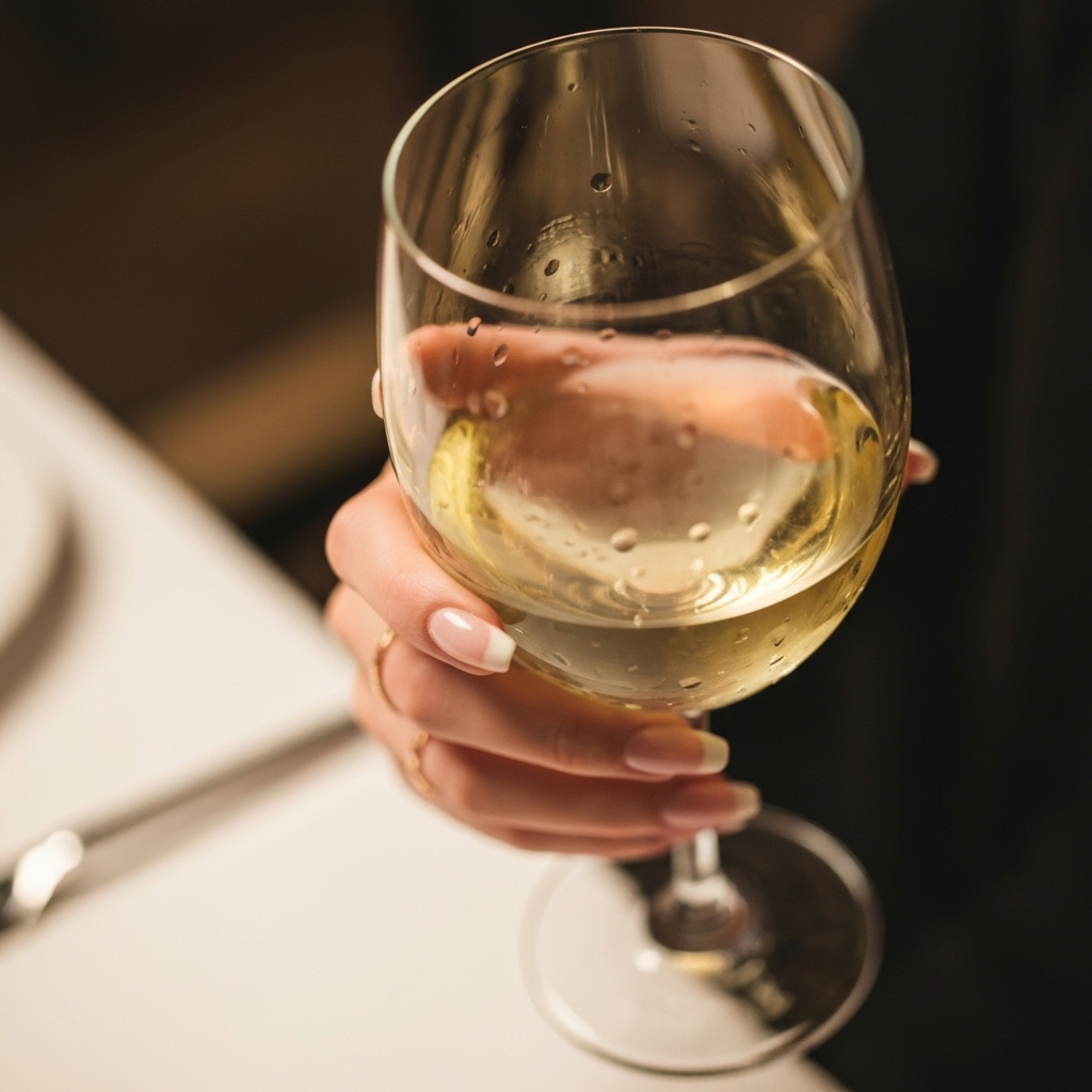 Close-up of a person holding a glass of red wine in a rustic, warm atmosphere bar