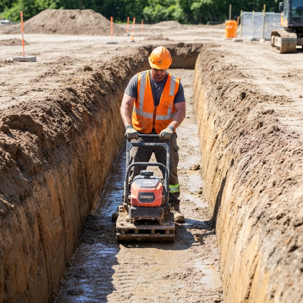 Ouvrier utilisant une grenouille de compactage électrique dans une tranchée étroite Ouvrier utilisant une grenouille de compactage électrique dans une tranchée étroite