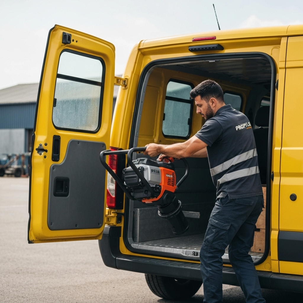 Chargement d'une pilonneuse électrique dans un fourgon utilitaire Propyloc Chargement d'une pilonneuse électrique dans un fourgon utilitaire Propyloc