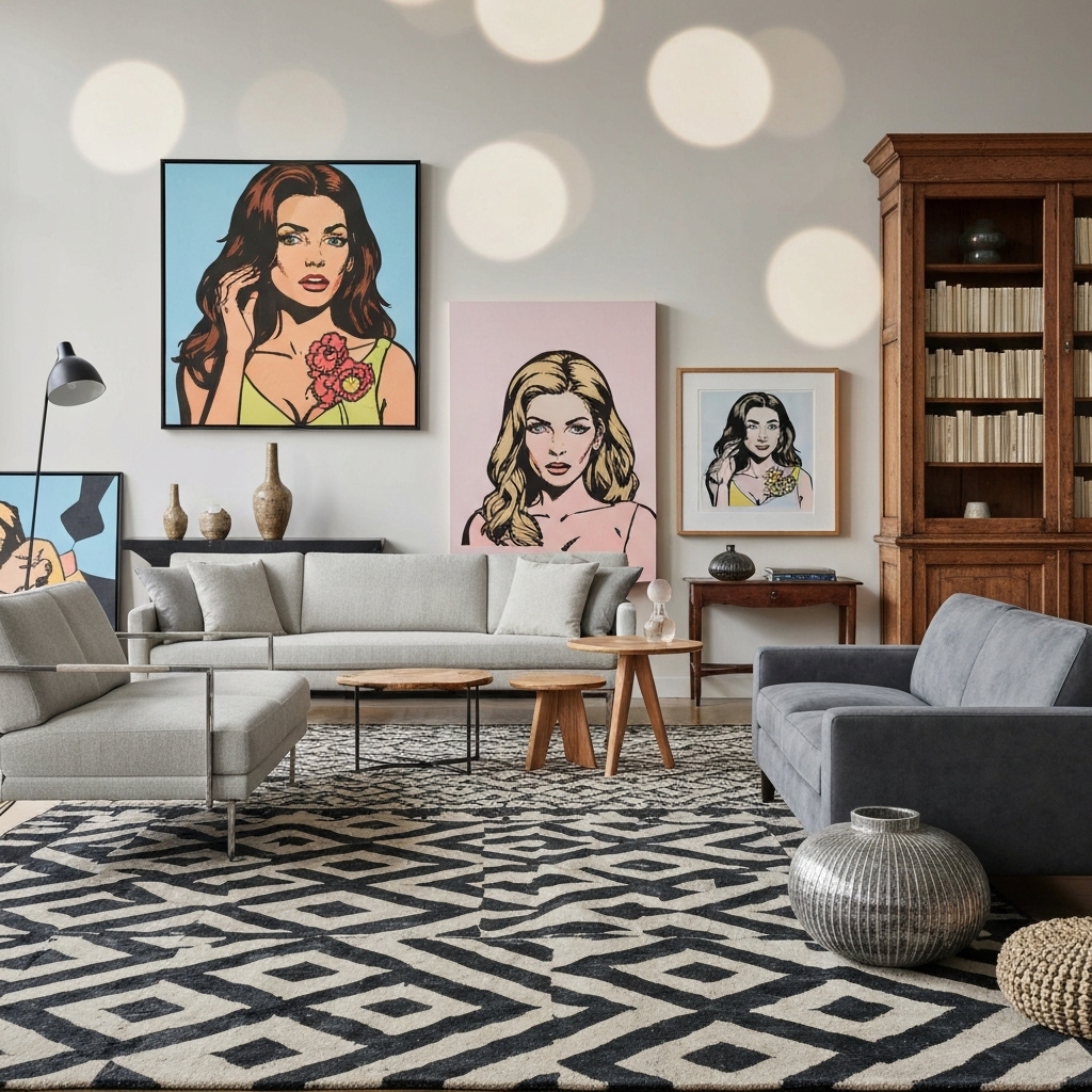 Interior design moodboard showing Art Nouveau curves mixed with modern furniture in a Swiss apartment context