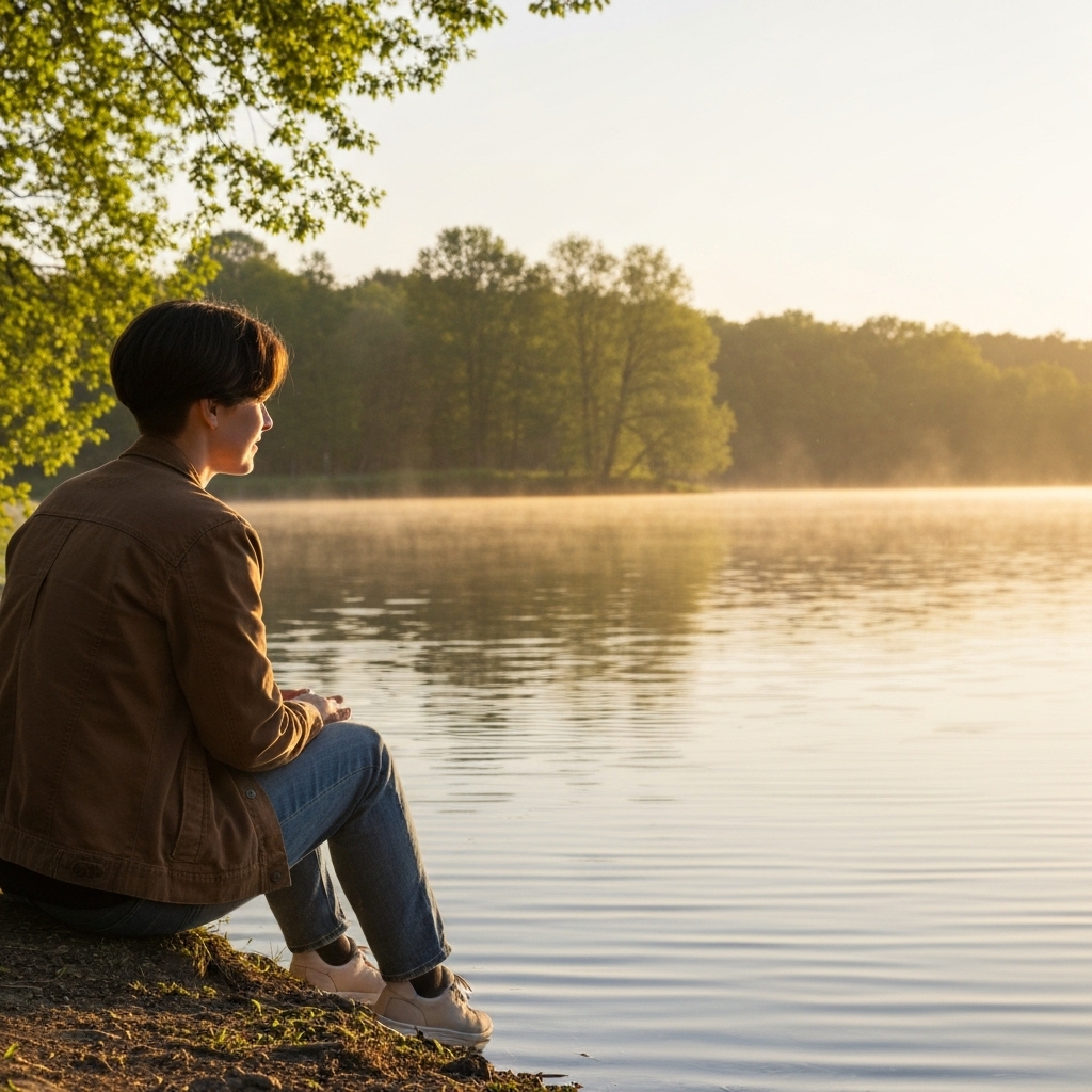 A calming image showing a person in a state of introspection and self-discovery, perhaps journaling or meditating in nature, reflecting the concept of self-knowledge.