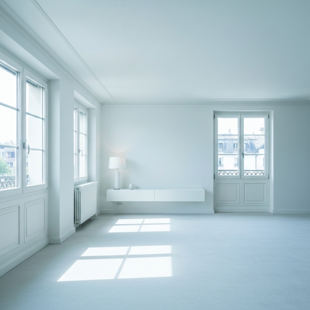 Interieur moderne d'un appartement 3 pièces à Genève fraîchement repeint avec murs blancs et décoration soignée