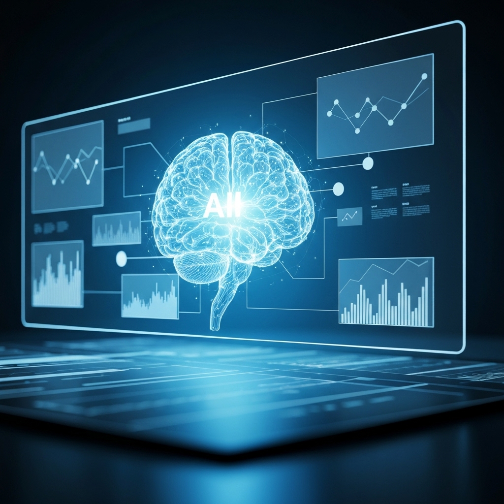 Futuristic digital workspace showing a glowing AI brain connecting to search engine graphs and content blocks