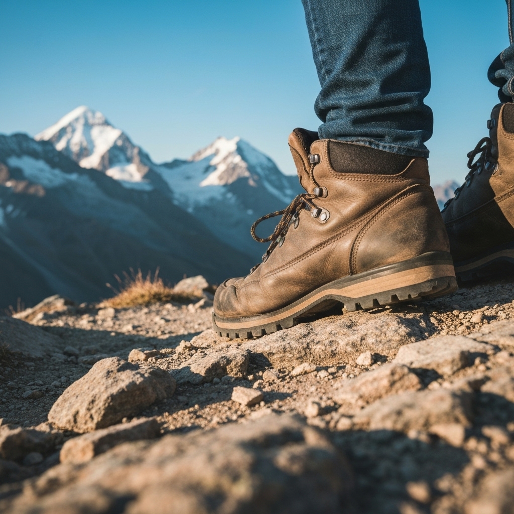 Close up of hiking boots on a rocky trail with mountains in background