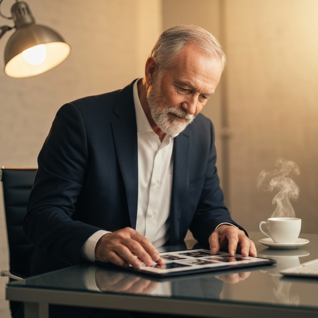Professional photographer reviewing portfolio images on a sleek desk with coffee, intimate lighting atmosphere