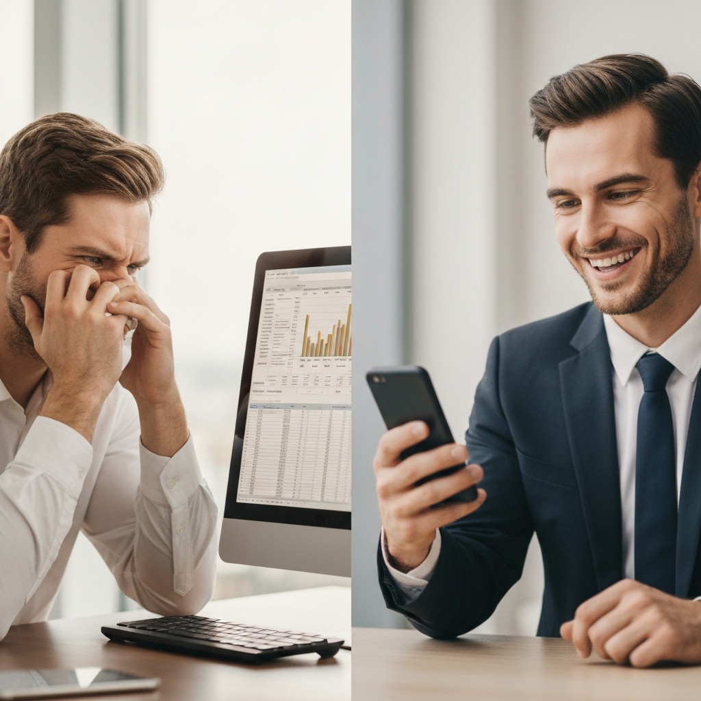 A frustrated entrepreneur looking at a complex spreadsheet of expenses vs a happy one looking at a mobile website