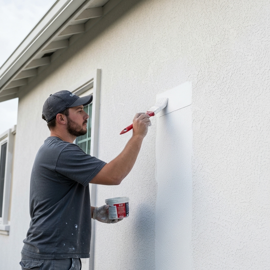 Rénovation de façade résidentielle montrant un peintre appliquant une couche de peinture fraîche sur un mur extérieur en crépi