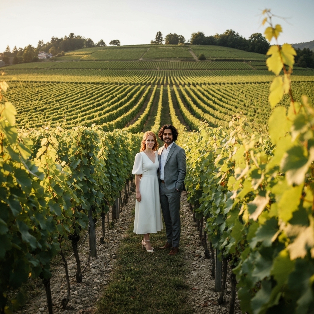 High-end wedding photography setup in Lavaux vineyards with elegant lighting and couple posing naturally