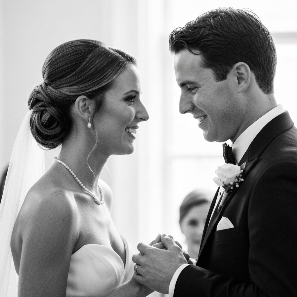 Elegant black and white wedding photo showing emotional moment between bride and groom