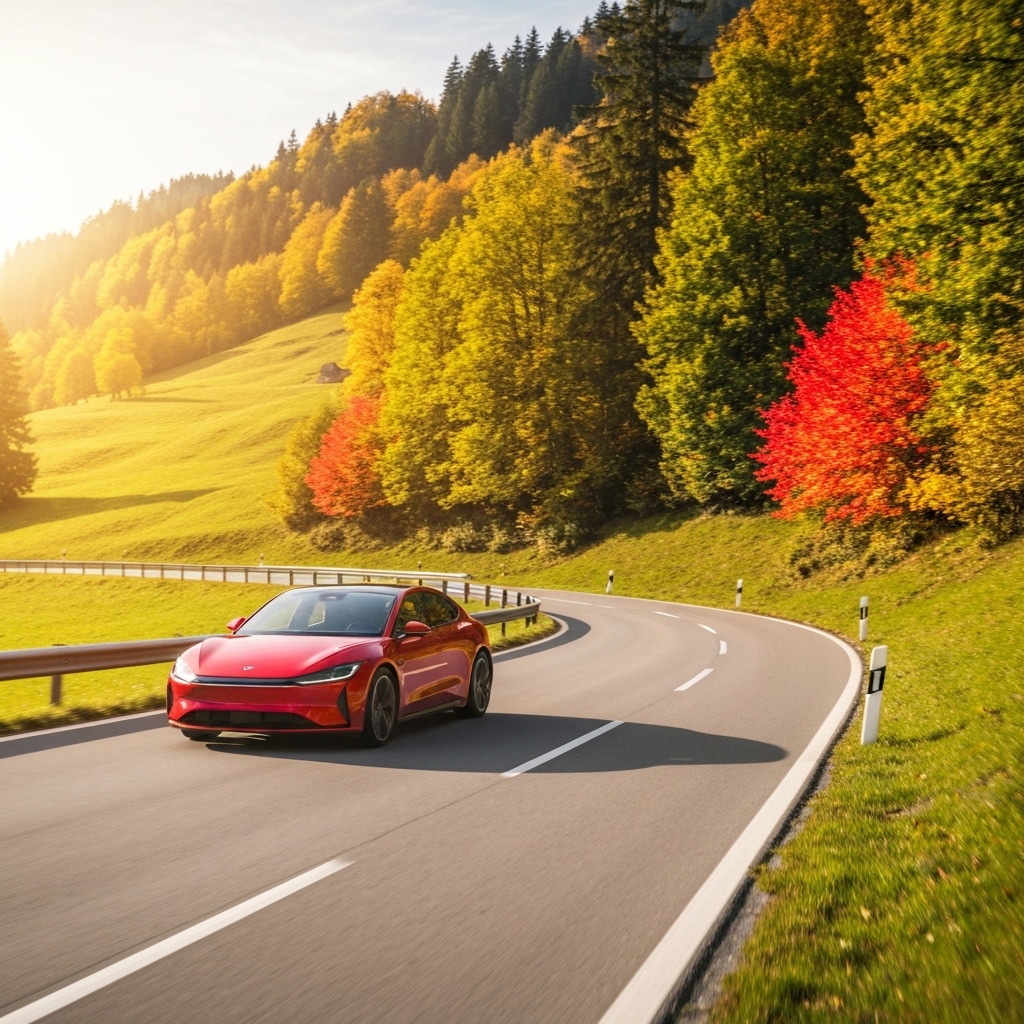Realistic photo of a car driving on a swiss country road near echallens during sunset
