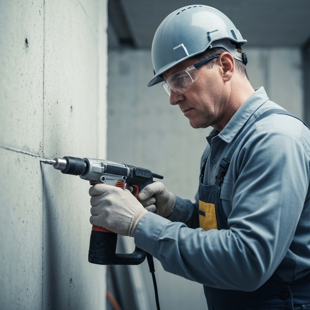 Ouvrier utilisant un perforateur burineur puissant sur un mur en béton lors d'un chantier de rénovation