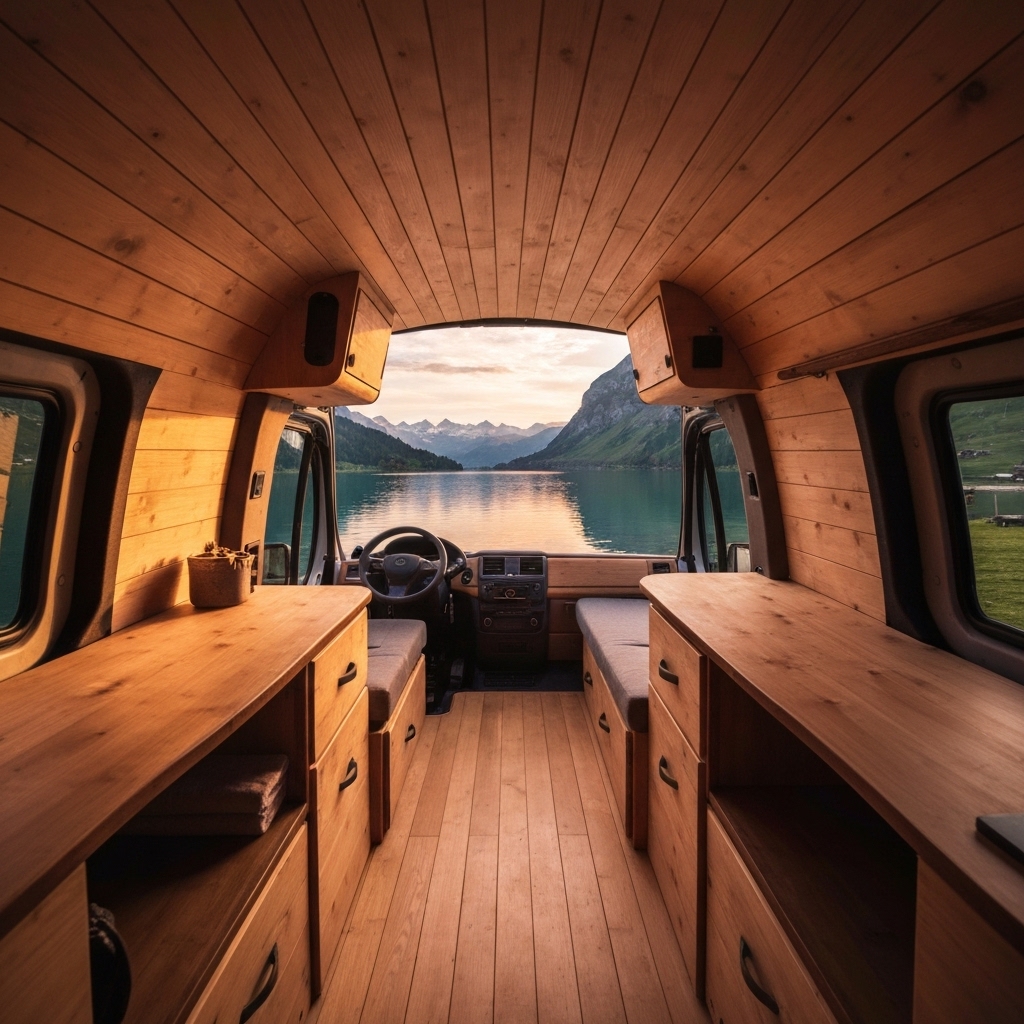 Interior wide shot of a converted van facing a swiss mountain lake with cozy wooden design