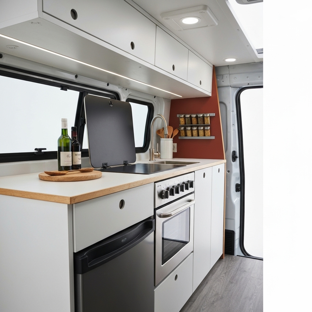 Minimalist van kitchen setup with vertical storage solutions and magnetic spice jars