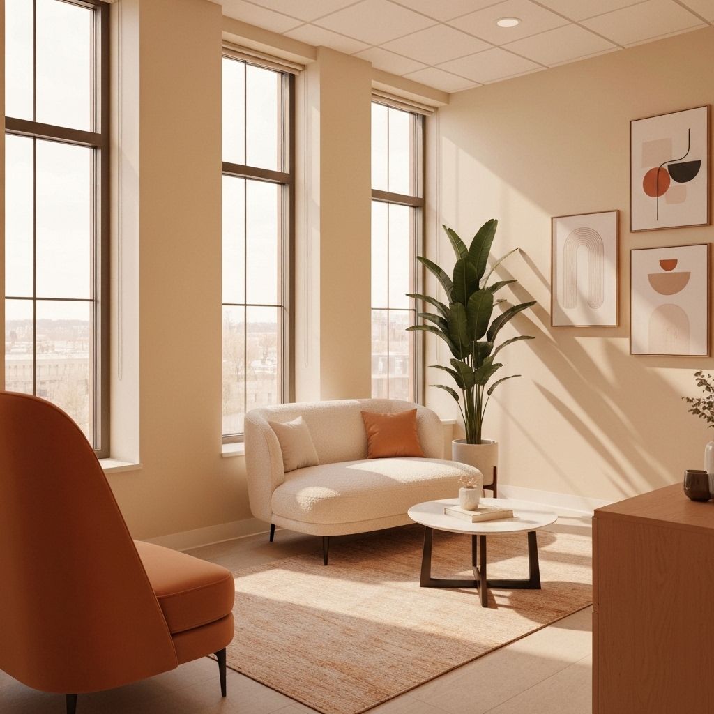 A serene therapy room with soft lighting, focused on a comfortable treatment table suitable for somatic experiencing sessions