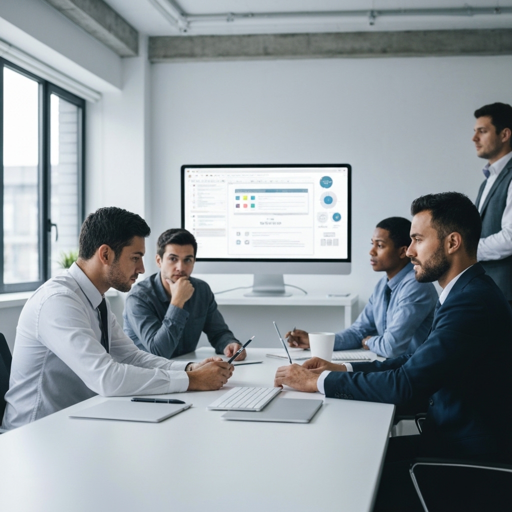 A futuristic digital workspace showing seo analytics and automation graphs on multiple screens in a swiss office setting