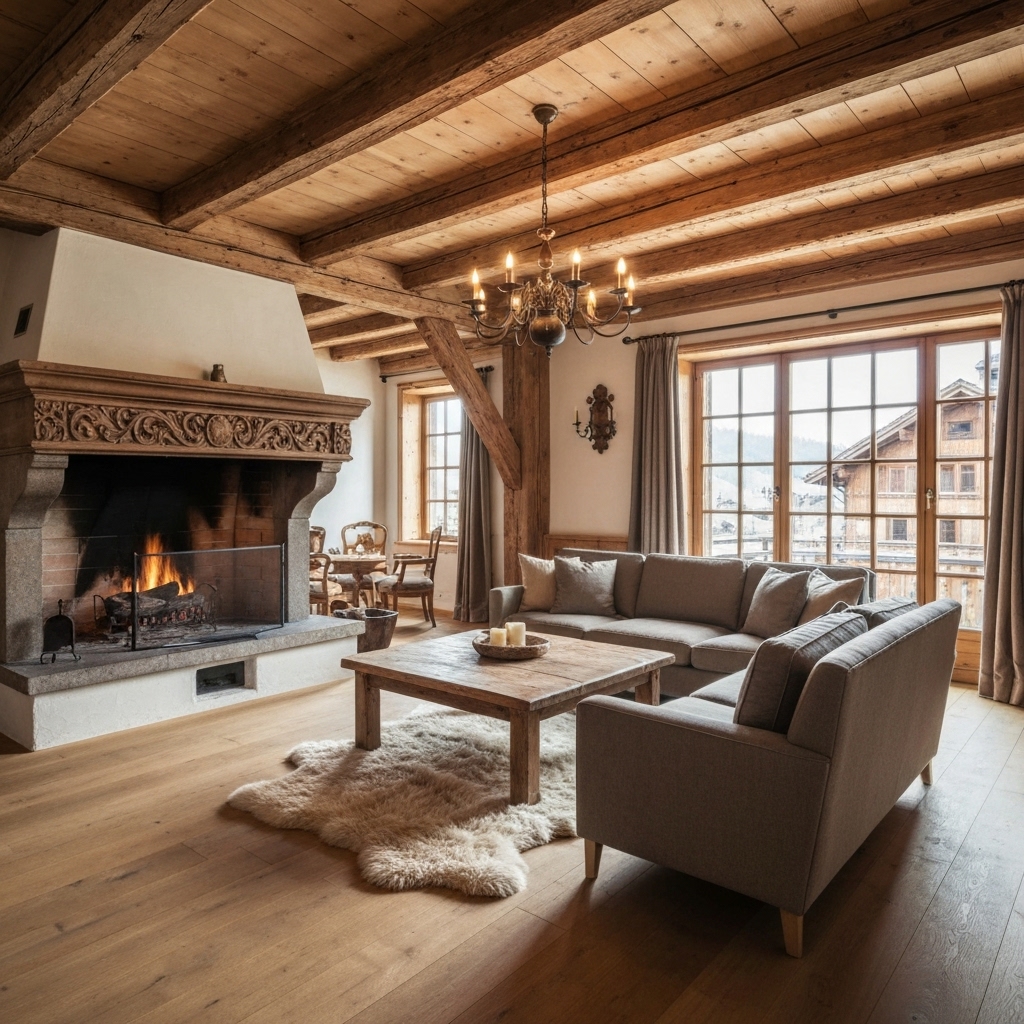 Interior of a beautifully renovated Swiss chalet style living room with modern touches, showing wooden beams and smooth plaster walls.