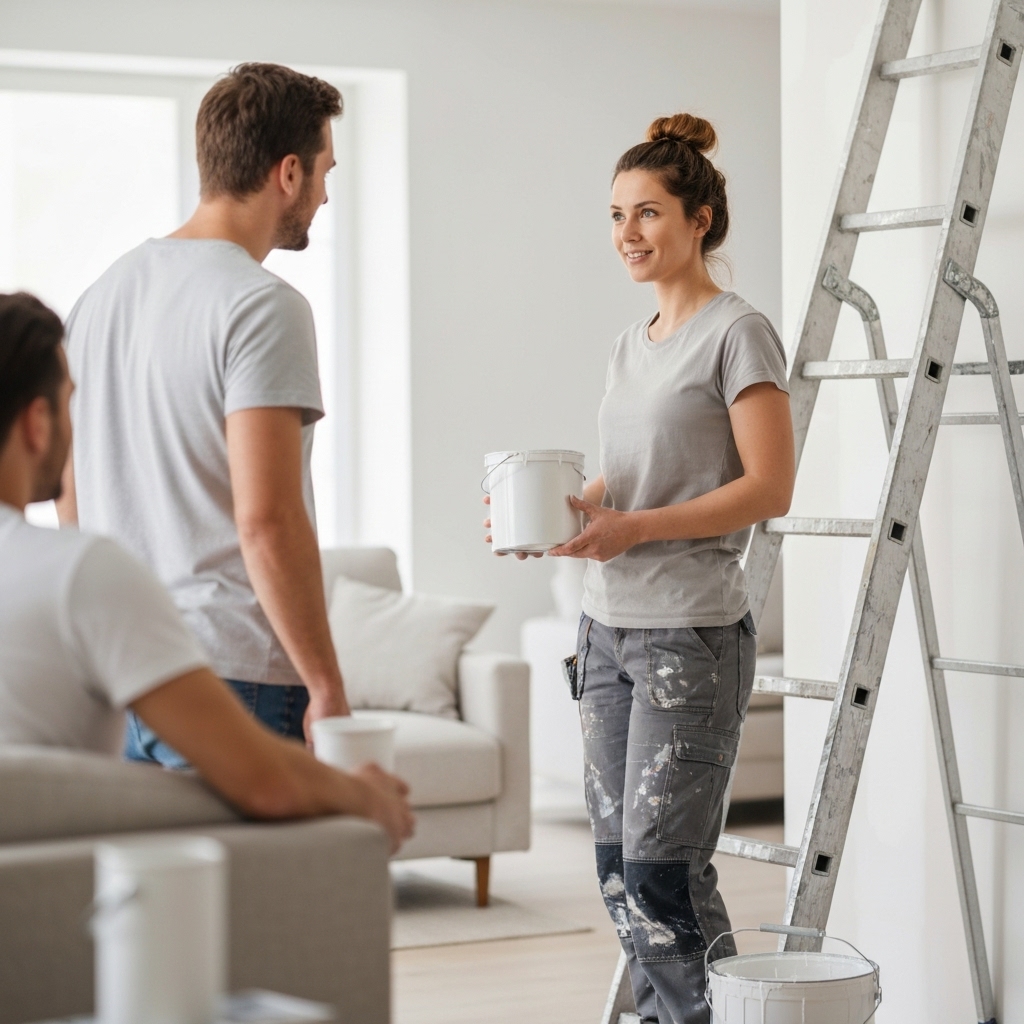 Un peintre professionnel en tenue de travail discutant souriant avec un couple de propriétaires dans un salon lumineux en cours de rénovation, montrant un nuancier de couleurs.