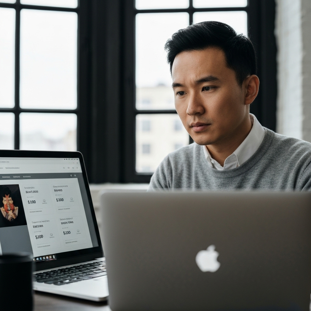 A digital artist looking confused at a laptop screen showing various pricing tiers and subscription models