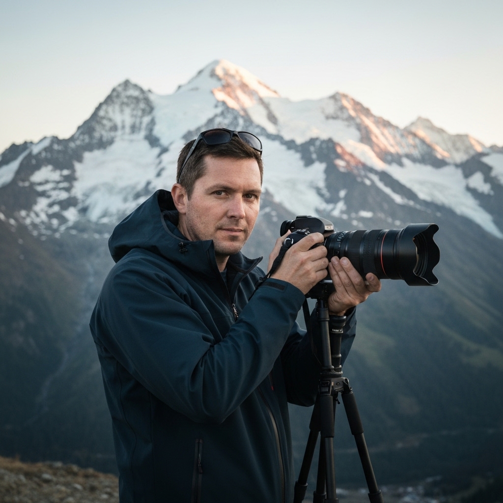 Photographe professionnel préparant son matériel face au Mont Cervin au lever du soleil, lumière dorée et ambiance alpine.
