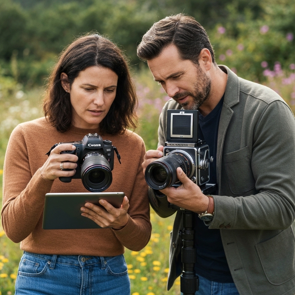 Cécile et Patrick en repérage photo, discutant avec un client devant un paysage de montagne.