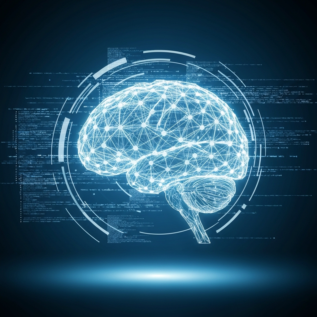 Futuristic digital brain interface processing text and data streams for marketing content