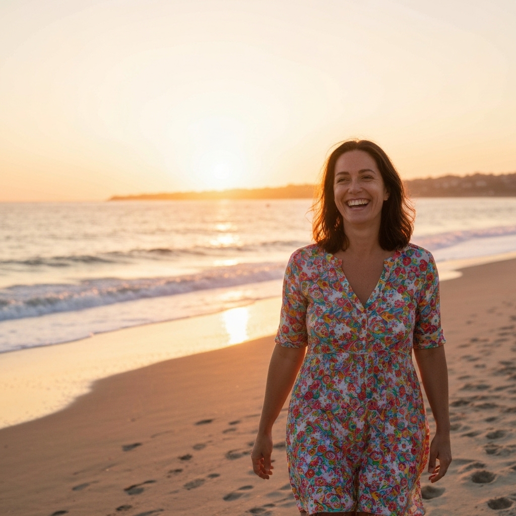Femme souriante portant une tunique colorée style californien marchant sur une plage au coucher du soleil