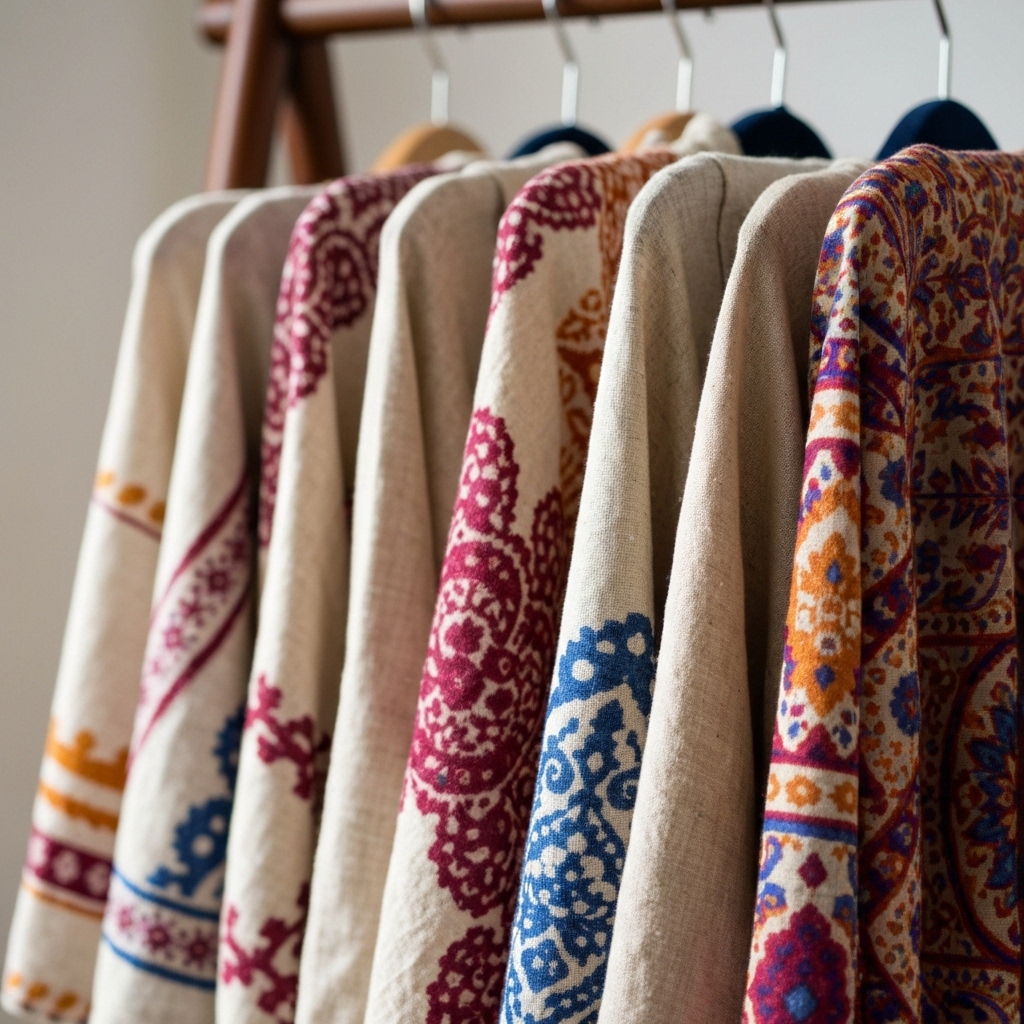 Gros plan sur des textures de tissus lin et coton avec motifs bohèmes colorés suspendus sur un portant