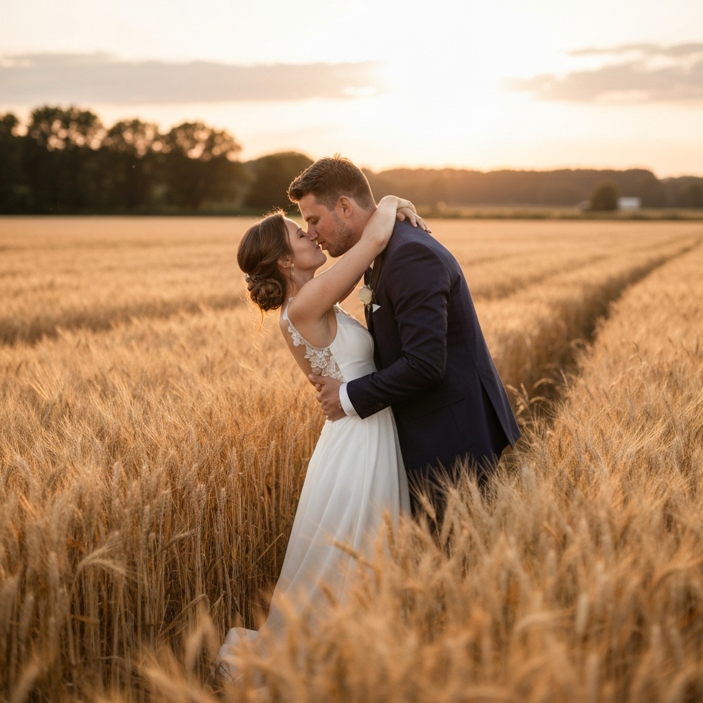 A professional photographer capturing a candid emotional moment of a bride and groom in the Lavaux vineyards with soft sunset lighting, showcasing artistic depth.