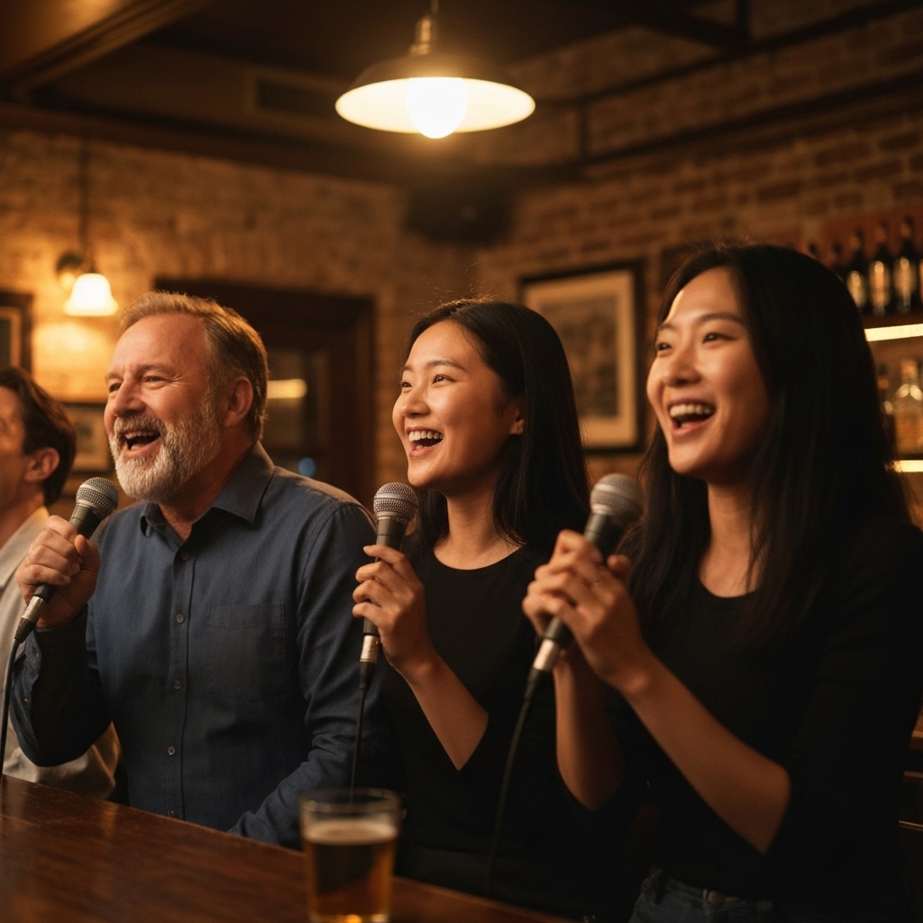 Ambiance chaleureuse et éclairage tamisé d'un bar style pub américain avec des clients souriants tenant des micros