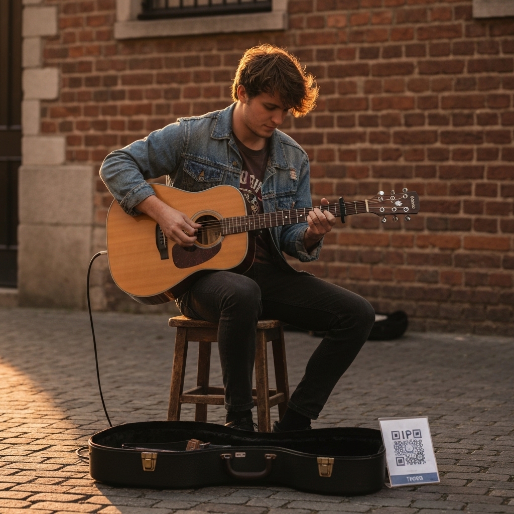 A musician playing guitar on the street with a sign displaying a QR code for tips next to an empty guitar case